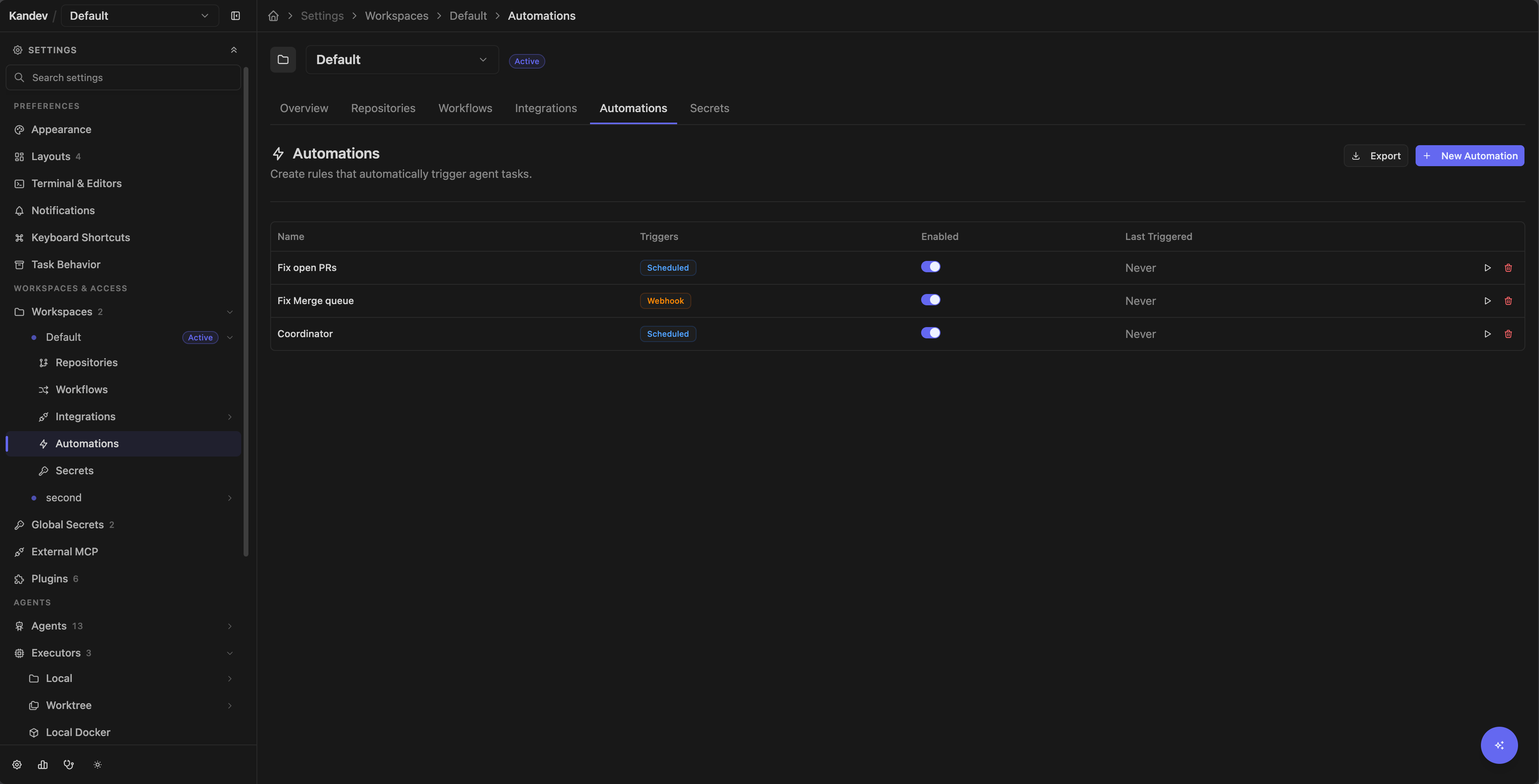 Settings > Workspaces > Default > Automations showing enabled scheduled and webhook automations, export, new automation, and run actions.