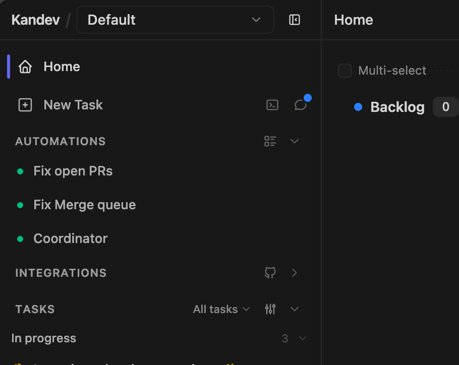 Kandev sidebar showing the Automations section with workspace automation shortcuts.