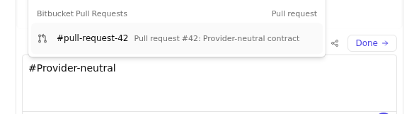 The composer reference picker showing a Bitbucket pull-request result for a hash search query.