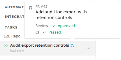 A sky-blue pull-request icon beside a task and its hover summary showing PR number, title, approved review, and passing CI.