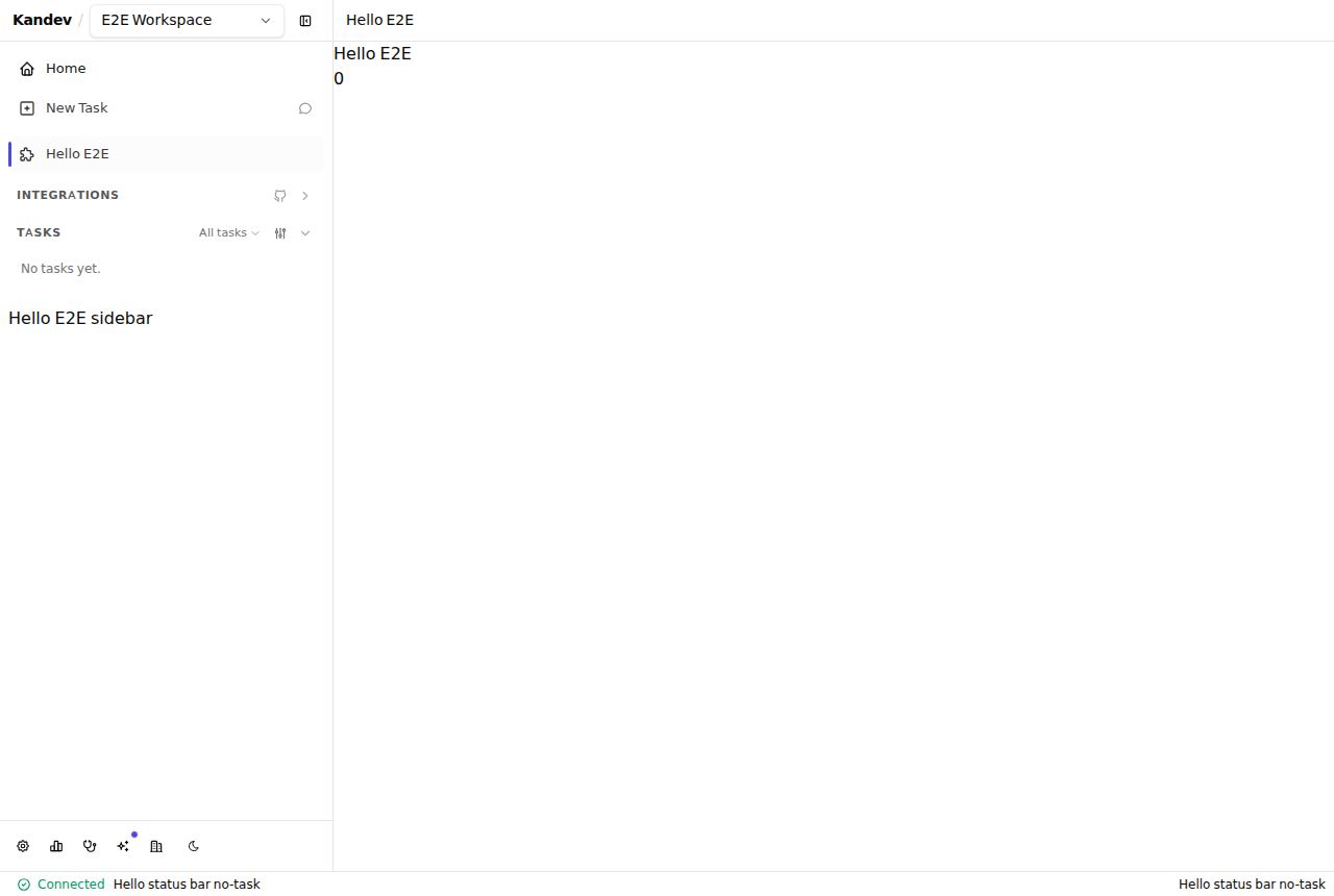A native plugin route rendered inside kandev: a sidebar nav item the plugin registered, the host's page title bar, and page content reading live task data from the shared app store.