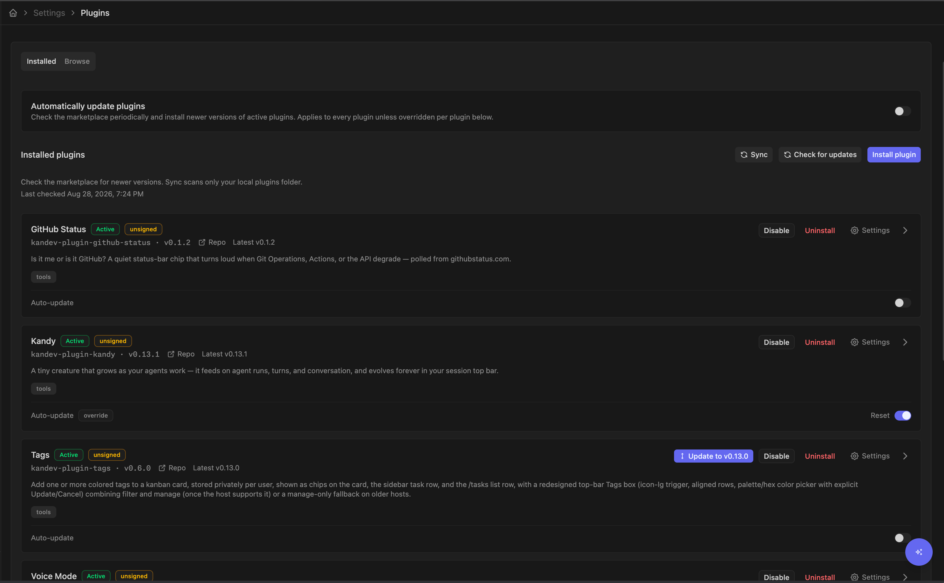 Settings > Plugins showing automatic updates and the installed plugin list with sync, update, enable, disable, uninstall, and settings controls.