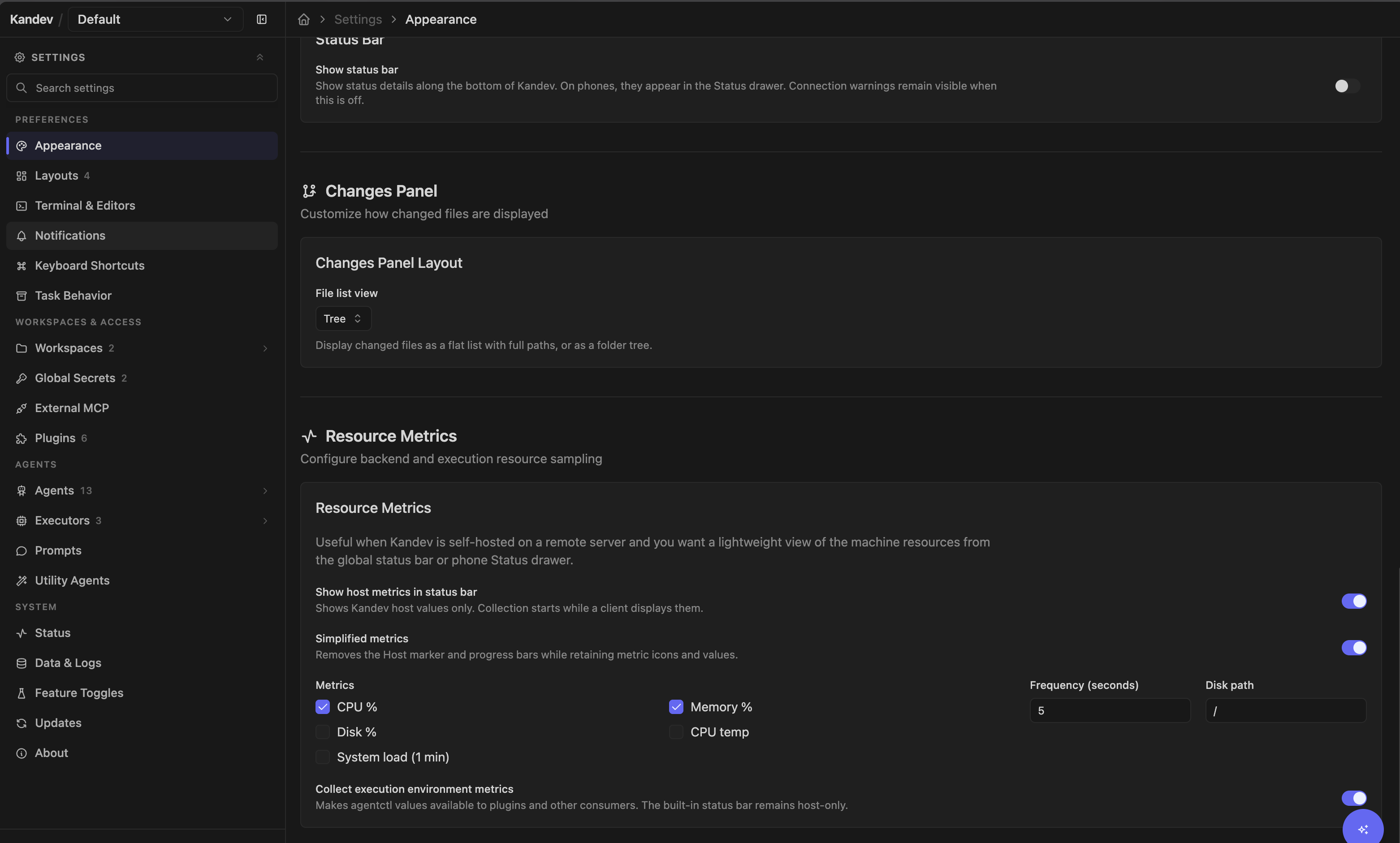 Settings > Preferences > Appearance showing status-bar and resource-metrics controls.