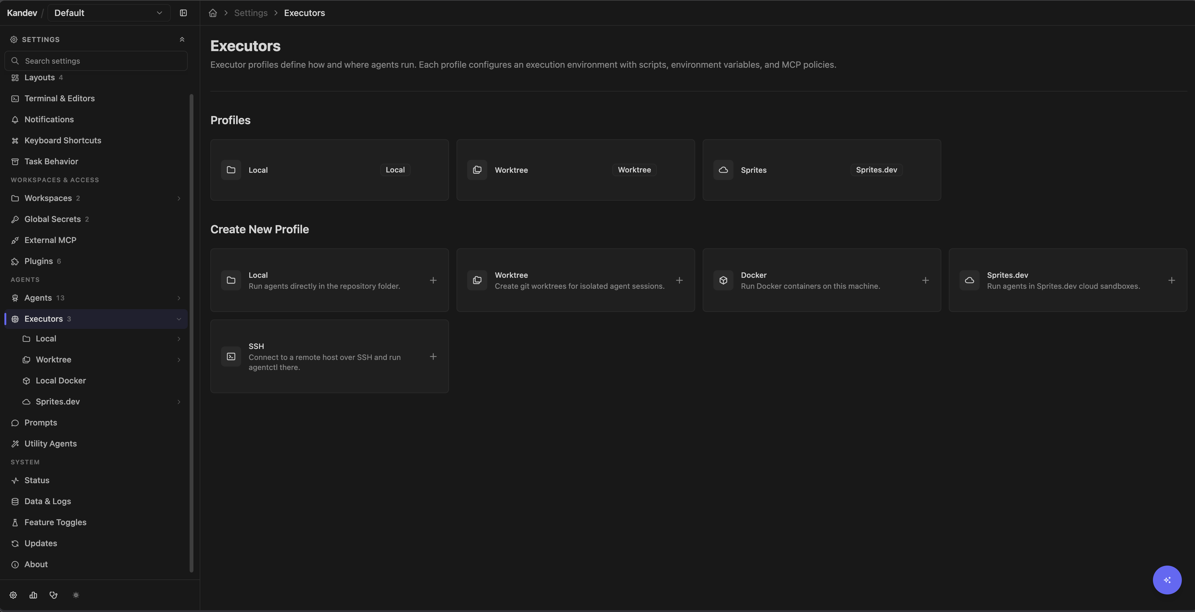 Settings > Executors showing existing Local, Worktree, and Sprites profiles plus Local, Worktree, Docker, Sprites.dev, and SSH profile creation options.