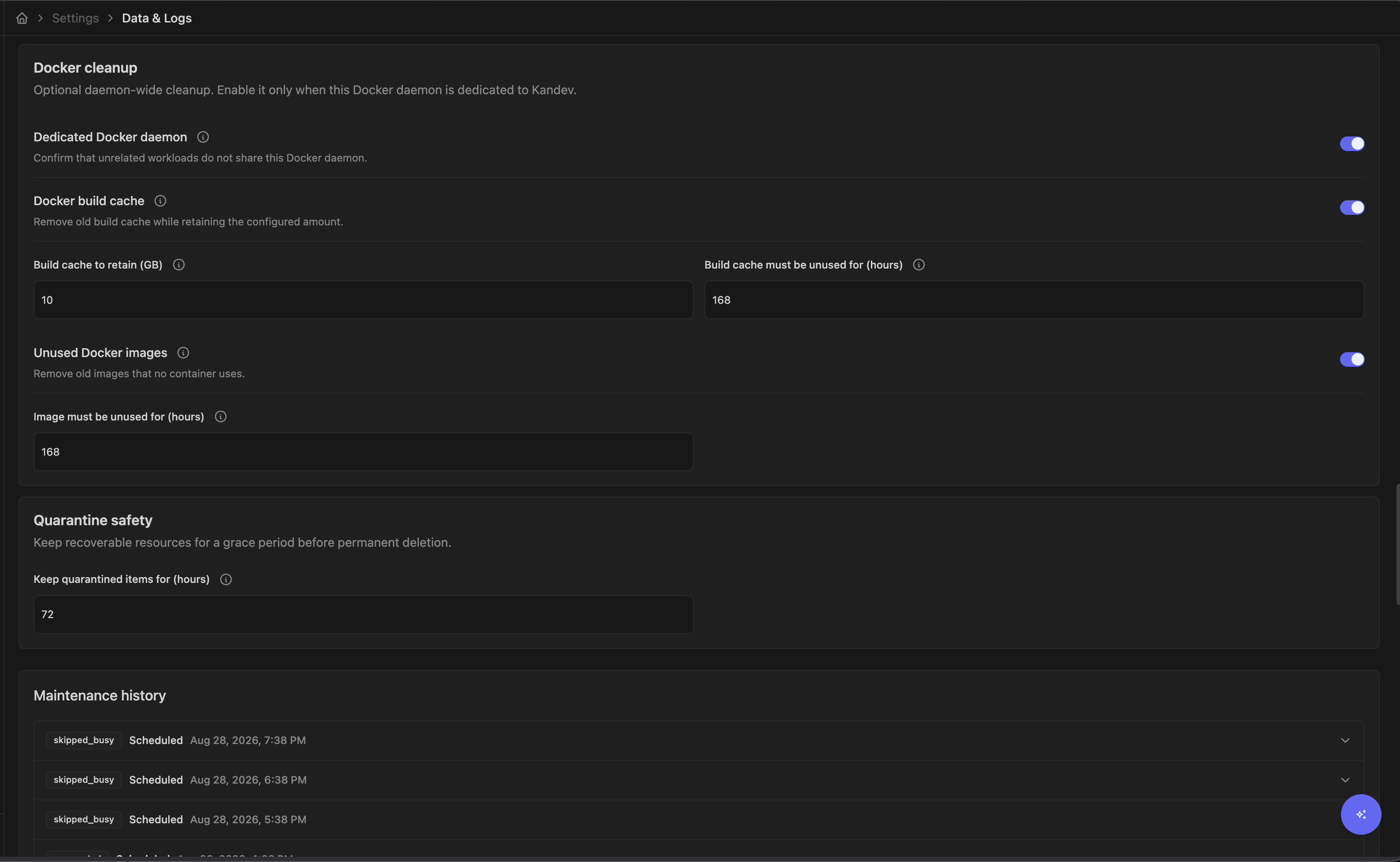Settings > System > Data & Logs showing Docker cleanup controls, cache retention, unused image cleanup, and quarantine safety.