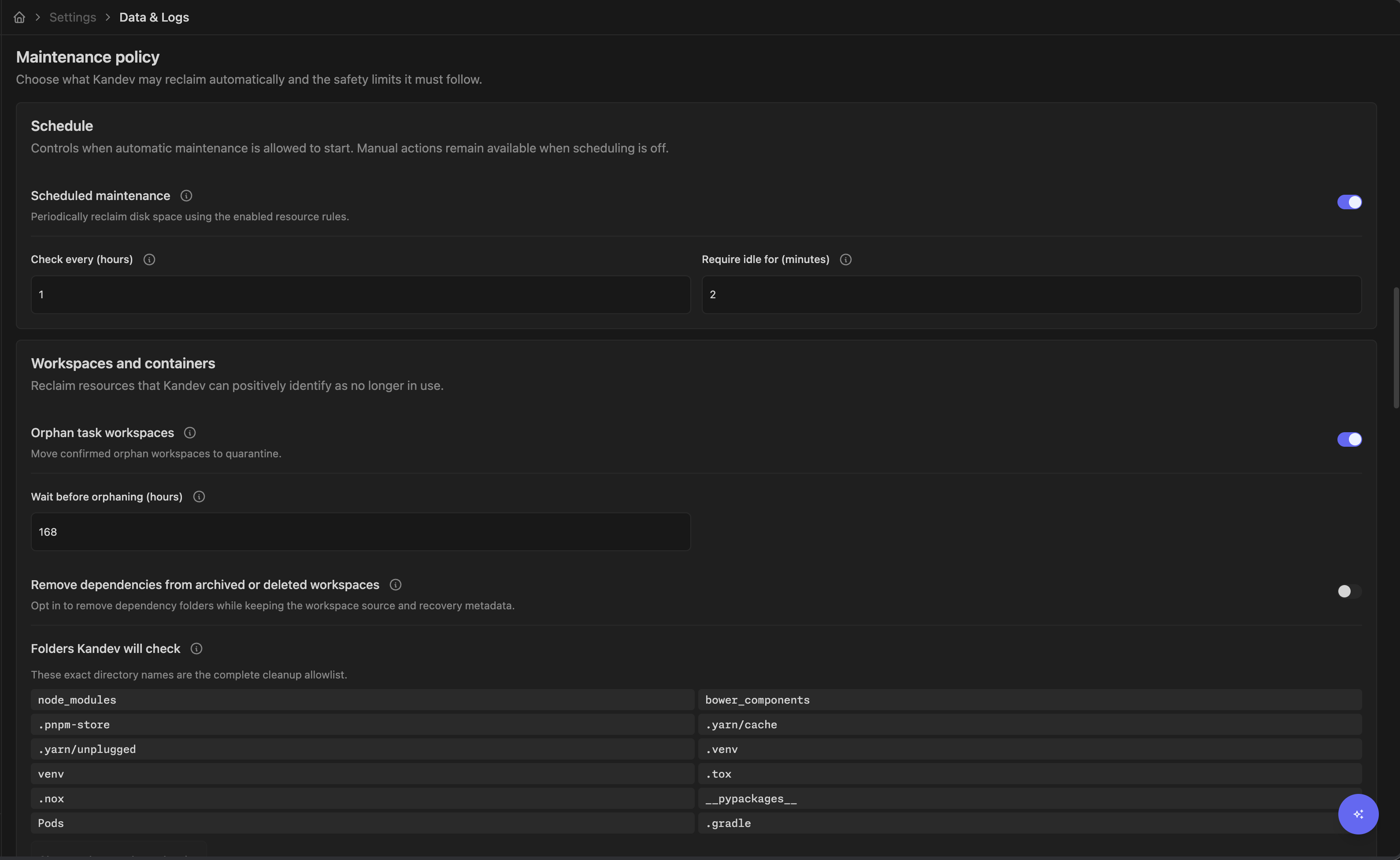 Settings > System > Data & Logs showing the maintenance policy, schedule, workspace cleanup, and folder allowlist.