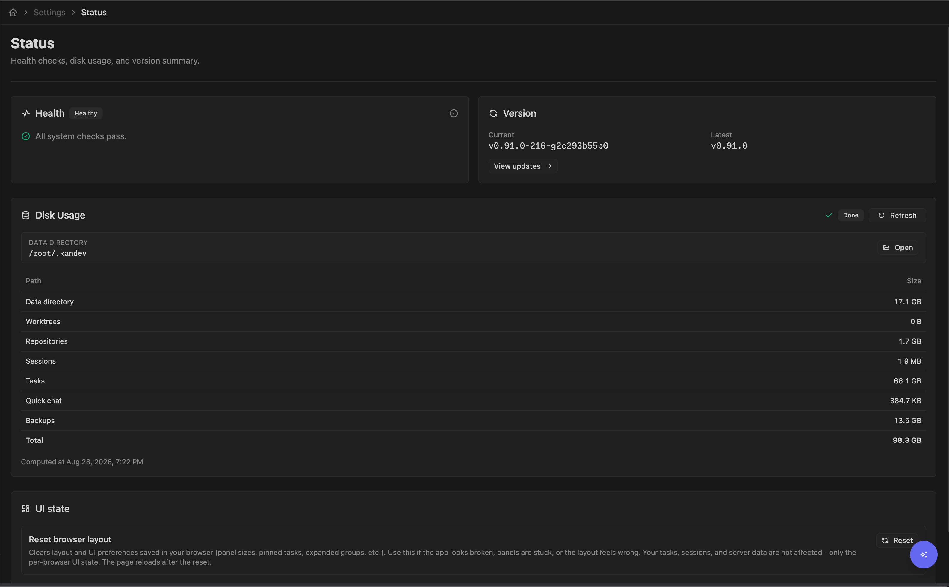 Settings > System > Status showing health checks, the running version, and disk usage.
